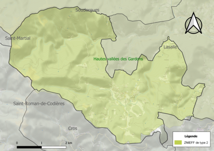 Carte de la ZNIEFF de type 2 sur la commune.