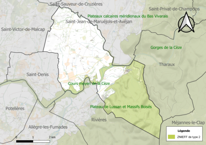 Carte des ZNIEFF de type 2 sur la commune.