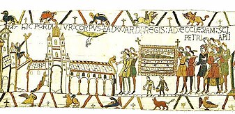 A medieval tapestry of a group of people carrying Edward the Confessor's coffin towards Westminster Abbey.