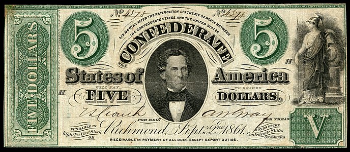 Five Confederate States dollar (T33), by Leggett, Keatinge & Ball