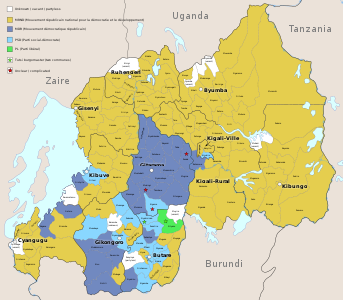Map showing the geographical strongholds of the Rwandan political parties at the beginning of April 1994.  Unknown / vacant / partyless •   MRND •   MDR •   PSD •   PL • ★ Tutsi burgomaster • ★  Unclear / complicated