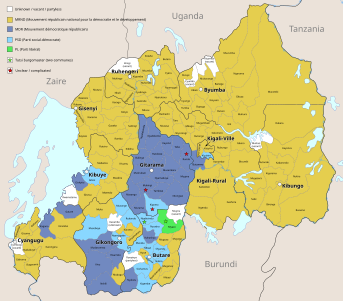 Map showing the geographical strongholds of the Rwandan political parties at the beginning of April 1994.  Unknown / vacant / partyless •   MRND •   MDR •   PSD •   PL • ★ Tutsi burgomaster • ★  Unclear / complicated
