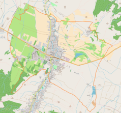 Mapa konturowa Rymanowa, w centrum znajduje się punkt z opisem „Parafiaśw. Wawrzyńcaw Rymanowie”