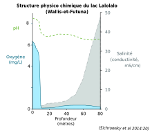 schéma montrant une petite zone bleue en bas à droite (= l'oxygène est présent uniquement en surface), une surface grise de plus en plus grande vers la droite (= la salinité augmente avec la profondeur) et une ligne pointillée verte montrant le pH, entre 8 et 6.