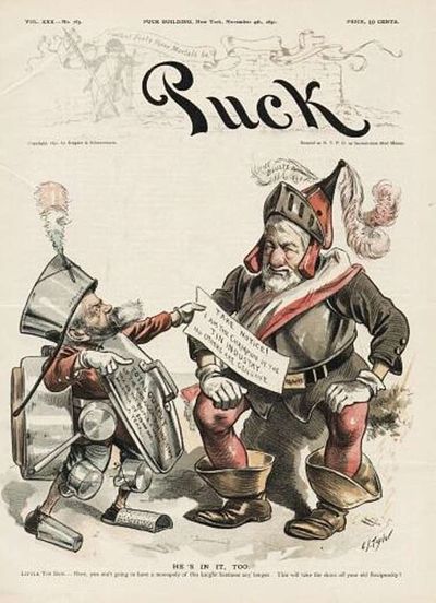 1890 Cartoon shows President Harrison as Tin Man, because he wanted a tariff on tin. Proof that tin man was in use as political allegory in 1890s. Blaine is man on right