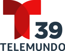 The Telemundo network logo, a T with two circular overlapping components. To the right and under the T, the number 39. Beneath it, in a sans serif, the word Telemundo.