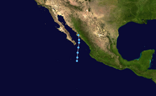 A map of the path of a tropical depression over the far eastern portion of the Northern Pacific Ocean. It begins off the coast of Mexico and continues almost due northward to the shoreline, tracking over the southern portion of the Gulf of California in the process.