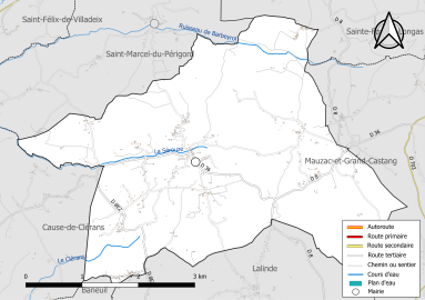 Carte en couleur présentant le réseau hydrographique de la commune