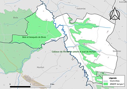 Carte des ZNIEFF de type 1 sur la commune.