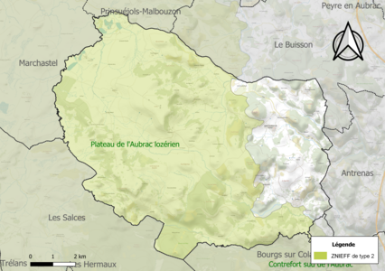 Carte de la ZNIEFF de type 2 sur la commune.