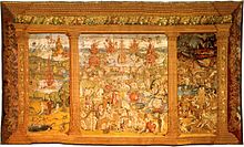 Une tapisserie dans les tons jaunâtres du triptyque entier