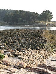 Vestiges des anciennes digues séparant l'anse de Mancel (à gauche) du golfe (à droite).