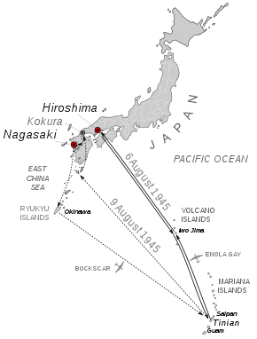 map of Japan and the Marianas Islands indicating the routes taken by the raids. One goes straight to Iwo Jima and Hiroshima and back the same way. The other goes to the southern tip of Japan, up to Kokura, down to Nagasaki, and the southwest to Okinawa befofore heading back to Tinian.