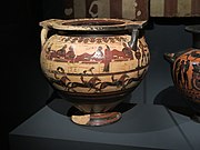 Cratère d'Eurytios. Héraklès au banquet d'Eurytios en compagnie de sa fille Iole. Figures noires et couleurs. Caere. CA 600-590. Musée du Louvre[5]