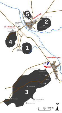 Carte localisant les travaux miniers et les villages.