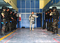 Members of a Moroccan navy participating in small-arms training aboard the training ship HS Aris (A 74), at the NMIOTC in Souda Bay, Greece.