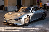 Front three-quarters view of a silver concept car