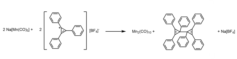 Synthesis of dimanganese decacarbonyl by reduction of cyclopropenium ion