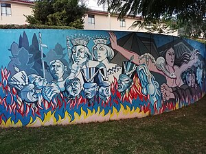 Mural depicting Micaela Bastidas in front of the Spanish crown, in Micaela Bastidas Square, Abancay