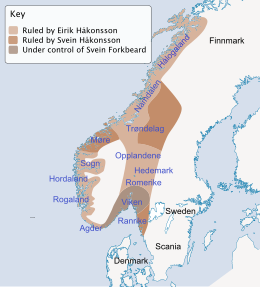 Раздел Норвегии после битвы у Свольдера.  Территория, управляемая Эриком Хаконссоном  Территория, управляемая Свейном Хаконссоном  Территория под непосредственным управлением Свена Вилобородого.