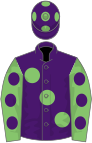 Purple, light green large spots, light green sleeves, purple spots, purple cap, light green spots