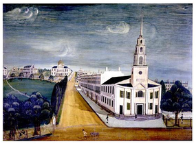 Park St., c. 1815; Park Street Church (at right), Hancock mansion (in distance across Common, at upper left)