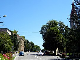 The main street in Buziaș, with the Roman Catholic church on the right