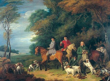 Duke of Newcastle seated on his horse next to his friend Colonel Litchfield, along with his gamekeeper, Mansell, and four Clumber Spaniels.