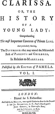 Image shows the title page of the first edition (1748) of Samuel Richardson's novel, Clarissa.