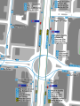 Mapa zonal de la estación de metro de Santiago Bernabéu con los recorridos de las líneas de autobuses, entre las que aparece el 150.