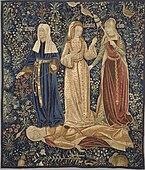 The three fates, Clotho, Lachesis and Atropos, who spin, draw out and cut the thread of life. (Flemish tapestry, Victoria and Albert Museum, London