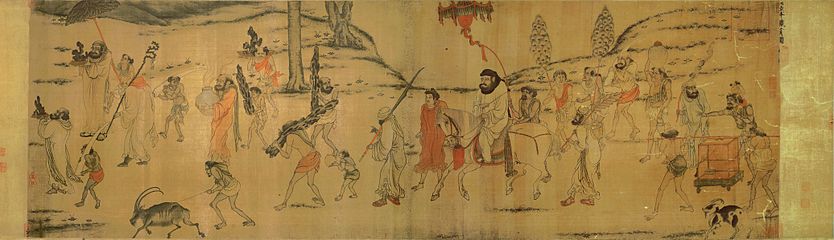 Portraits of Periodical Offering of Tang, depicting foreign envoys with tribute bearers. Song dynasty copy