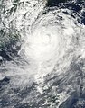 Typhoon Morakot approaching Taiwan on August 7, 2009. Due to its rugged topography, Taiwan sees extreme rain from tropical cyclones, particularly in its central mountain range.