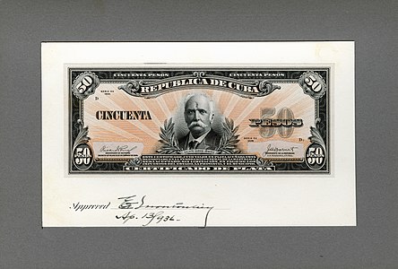 Fifty-peso silver certificate from the 1936 series, progress proof obverse, by the Bureau of Engraving and Printing