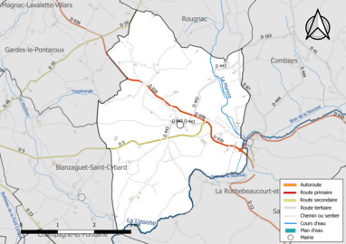 Carte en couleurs présentant le réseau hydrographique de la commune