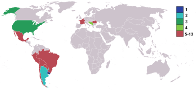 World map highlighting competing nations, colour coded by finishing position with the top four marked separately (Uruguay 1, Argentina 2, USA 3, Yugoslavia 4). Most of the Americas are shaded, with small representation in Europe. Other continents are entirely unshaded.