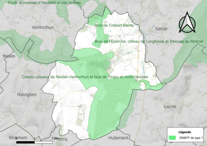 Carte des ZNIEFF de type 1 sur la commune.