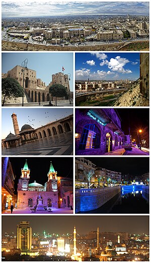 de cima para baixo e da esquerda para a direita: Cidade Antiga de Alepo; Cidadela de Alepo; Soco de Al-Madina; Grande Mesquita de Alepo; Hotel Baron; Catedral de Santo Elias; rio Queique; panorama noturno