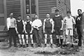 From left to right are: Hayes the trainer; Reuben Charles Warnes; W. W. Allen; secretary Edward T. Calver of the ABA; Alfred Spenceley; Frank Parks; Erskine; and Murray the trainer on 13 May 1911