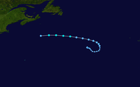 The track of Tropical Storm Chantal. It starts in the northeast Atlantic Ocean and continues horizontally, before taking a turn in the opposite direction toward the end of its life.