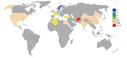 Carte multicolore du classement final des sélections dans la compétition.