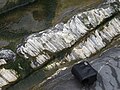 Calcite slickenfibres on the surface of a normal fault, east of Kilve, Somerset.