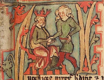 Harald Fairhair receives Norway out of his father Halfdan the Black's hands.