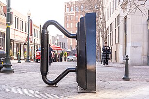 An 8-foot sculpture of an antique flatiron in Asheville, North Carolina