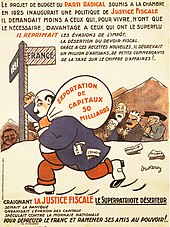 Photographie d'une caricature représentant un homme gras et chauve passant la frontière française en emportant un large sac. De ses poches s'échappent des titres de journaux quotidiens.