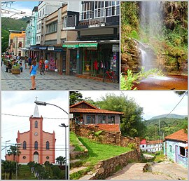 Acima, à esquerda a Praça Nominato Paiva Duque e à direita uma cachoeira em Ibitipoca. Abaixo, à esquerda a Igreja Matriz de Nossa Senhora das Dores e à direita uma vista parcial do distrito de Conceição do Ibitipoca.