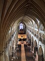 Nave of Lincoln Cathedral (begun 1185) showing three levels; arcade (bottom); tribune (middle) and clerestory (top)