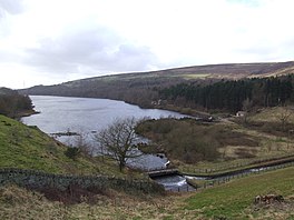 a head of a dam and its spill way, surrounded by trees and hills