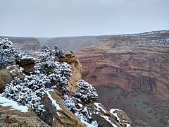 Snow at the canyon, with Mummy Cave in the background