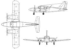 3-view line drawing of the Piper PA-23-250 Aztec